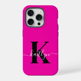 Modern Hot Pink Black Script Monogram iPhone 15 Pro Hülle