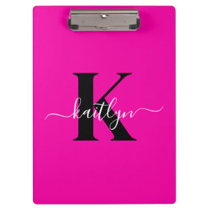 Modern Hot Pink Black Script Monogram Klemmbrett