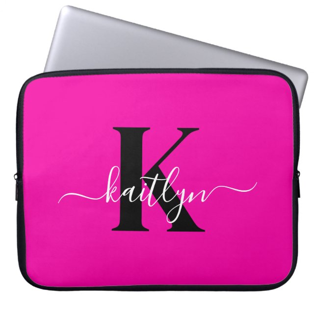 Modern Hot Pink Black Script Monogram Laptopschutzhülle (Vorderseite)