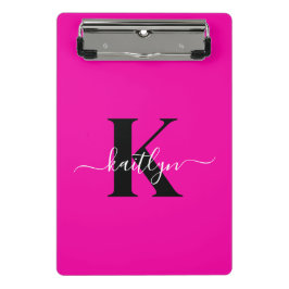 Modern Hot Pink Black Script Monogram Mini Klemmbrett