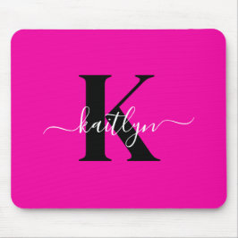 Modern Hot Pink Black Script Monogram Mousepad