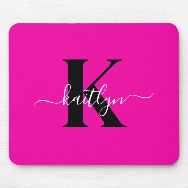 Modern Hot Pink Black Script Monogram Mousepad (Vorne)