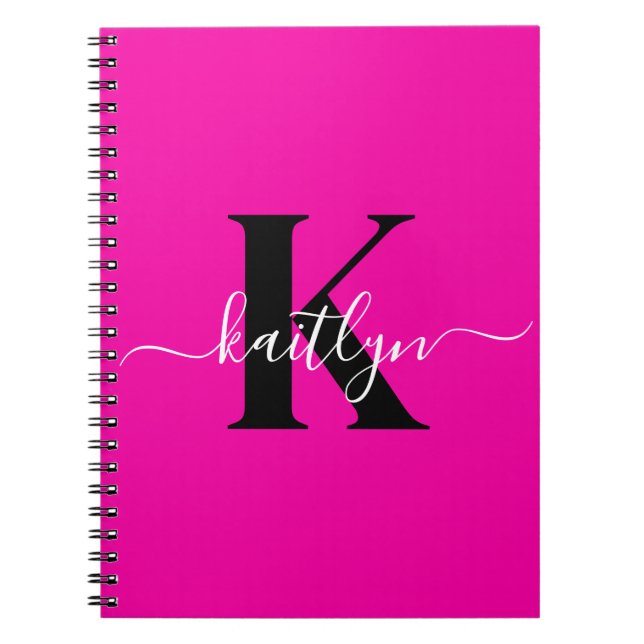 Modern Hot Pink Black Script Monogram Notizblock (Vorderseite)