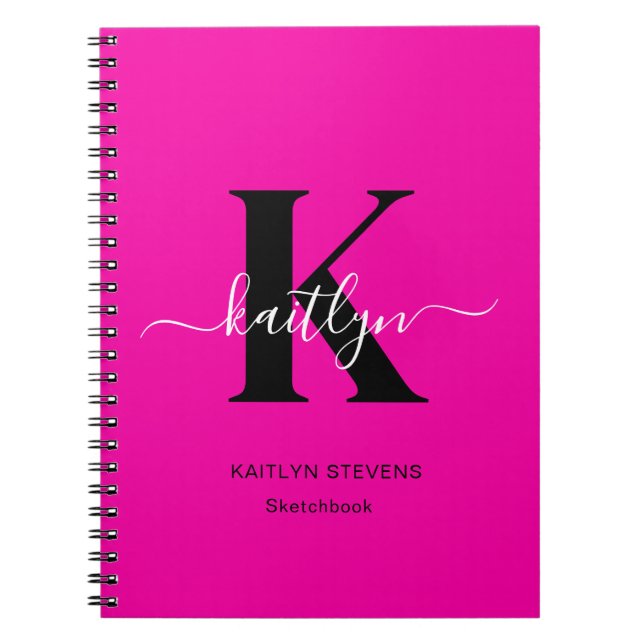 Modern Hot Pink Black Script Monogram Notizblock (Vorderseite)