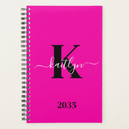 Modern Hot Pink Black Script Monogram Planer