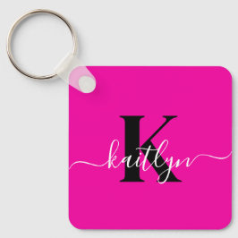 Modern Hot Pink Black Script Monogram Schlüsselanhänger