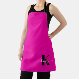 Modern Hot Pink Black Script Monogram Schürze