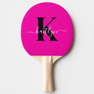 Modern Hot Pink Black Script Monogram Tischtennis Schläger