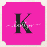 Modern Hot Pink Black Script Monogram Untersetzer<br><div class="desc">Diese schlichten, eleganten, rosa Ticketform-Untersetzer mit Ihrem Vornamen in einem trendigen Schriftart in Weiß, die über Ihren ersten Start in einem modernen Schriftart in Schwarz tippen, eignen sich hervorragend, um Ihre Tische und Zähler ohne Wasserzeichen behalten. Sie nehmen Tröpfchen auf, damit Sie sich keine Sorgen machen müssen, wenn Sie unterhalten...</div>