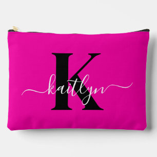 Modern Hot Pink Black Script Monogram Zubehörtasche