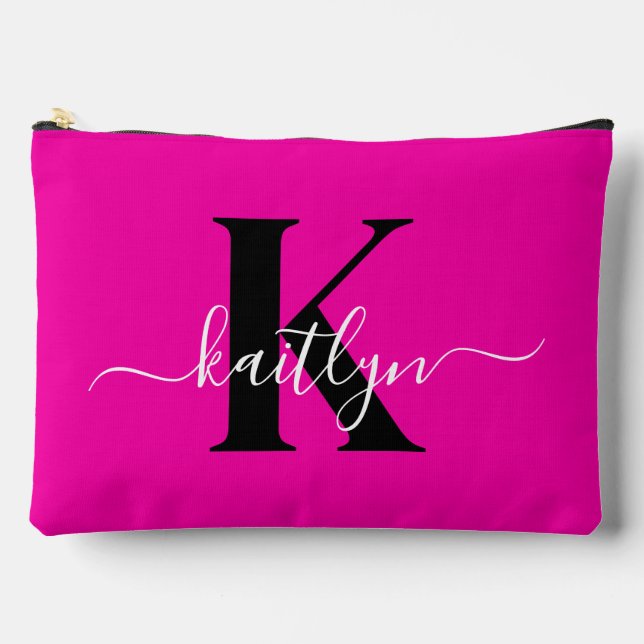 Modern Hot Pink Black Script Monogram Zubehörtasche (Vorderseite)