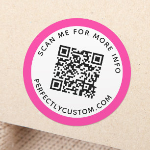 Modern hot pink border QR code and text Runder Aufkleber