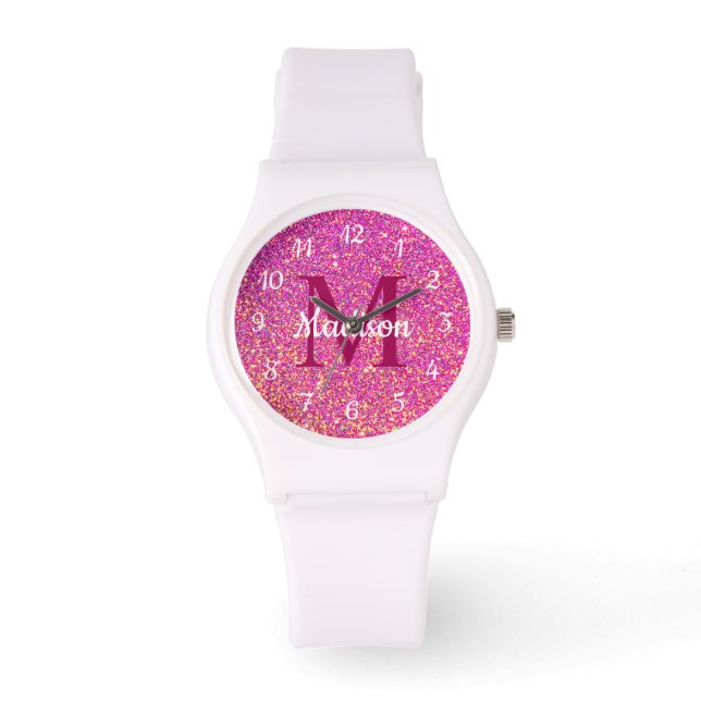 Modern Hot Pink Glitzer Monogram Girls Custom Armbanduhr (Vorderseite)