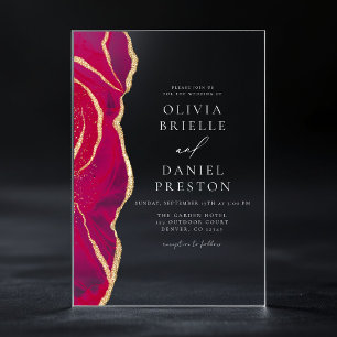 Modern Hot Pink Gold Agate Hochzeit Acryleinladungen