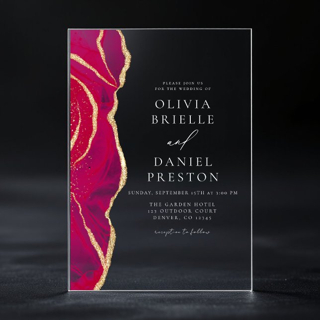 Modern Hot Pink Gold Agate Hochzeit Acryleinladungen (Von Creator hochgeladen)