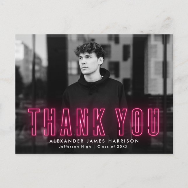 Modern Hot Pink Neon Foto Abschluss Vielen Dank Postkarte (Vorderseite)