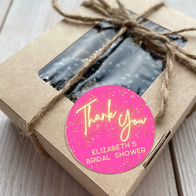 Modern Hot Pink Neon Glow Glitzer Danke, Script Runder Aufkleber (Von Creator hochgeladen)