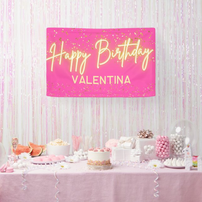 Modern Hot Pink Neon Glow Glow Happy Birthday Part Banner (Party)