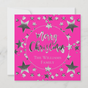 Modern Hot Pink Silver Script Star Frohe Weihnacht