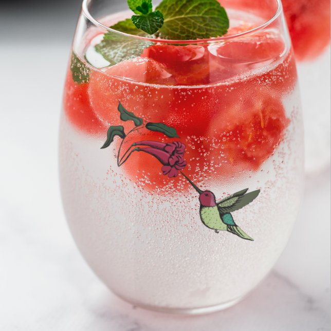 Modern Hummingbird Weinglas Ohne Stiel (Beautiful Hummingbird Visiting a Tropical Flower. Hand-Drawn in Black Ink. )