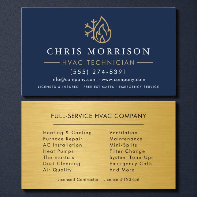 Modern HVAC Navy Blue Gold Logo Visitenkarte (Von Creator hochgeladen)