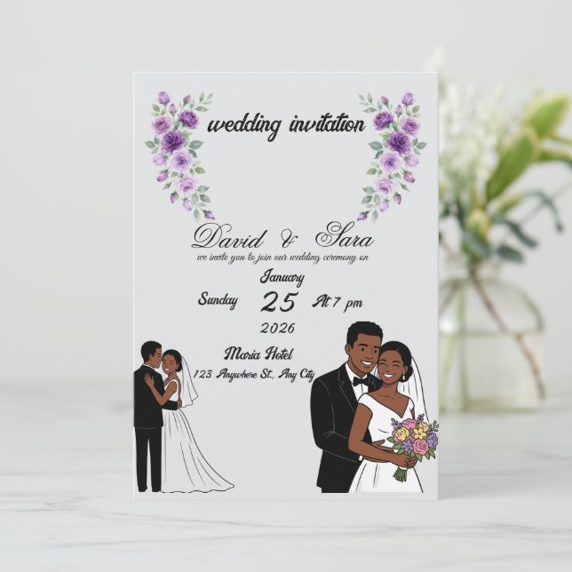 Modern Illustrated Black Couple Wedding Invitation Einladung (Stehend Vorderseite)