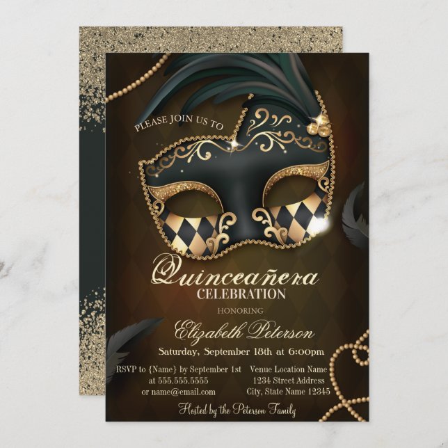 Modern Imitate Gold Diamonds Masquerade Quinceañer Einladung (Vorne/Hinten)
