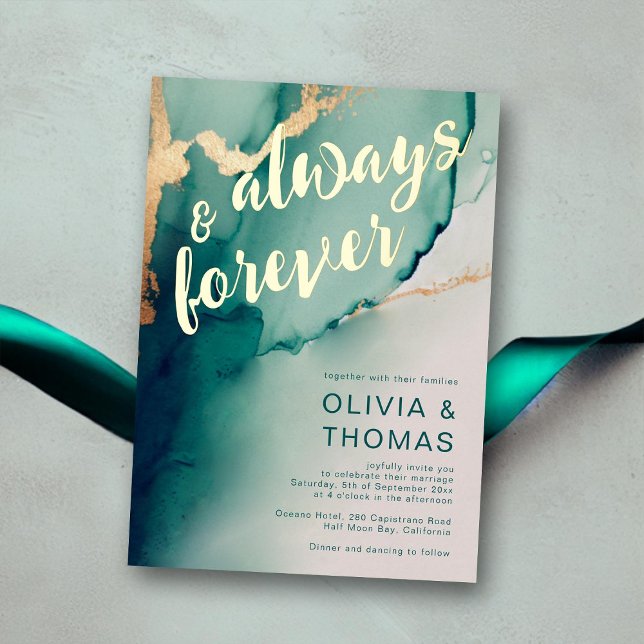 Modern immer für immer Emerald Boho Beach Hochzeit Folieneinladung (always forever emerald wedding invitation green waves gold modern romantic elegant bohemian chic)