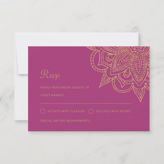 Modern Indian Luxury Pink Mehndi Hindu Wedding RSVP Karte (Vorderseite)