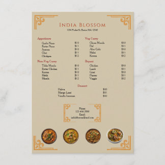  Modern Indian Restaurant Gold Border Flat Menu Menükarte