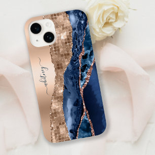Modern Indigo Blue Agate & Rose Gold Confetti Leaf Case-Mate iPhone 14 Hülle