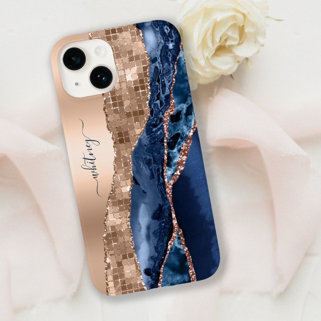 Modern Indigo Blue Agate & Rose Gold Confetti Leaf Case-Mate iPhone Hülle (Von Creator hochgeladen)