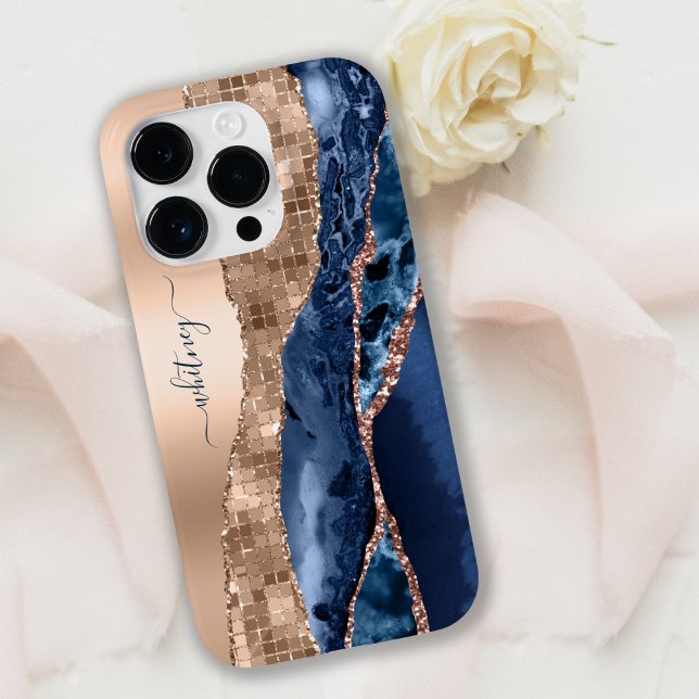 Modern Indigo Blue Agate & Rose Gold Confetti Leaf Case-Mate iPhone Hülle (Von Creator hochgeladen)