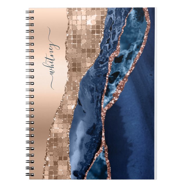 Modern Indigo Blue Agate & Rose Gold Confetti Leaf Notizblock (Vorderseite)