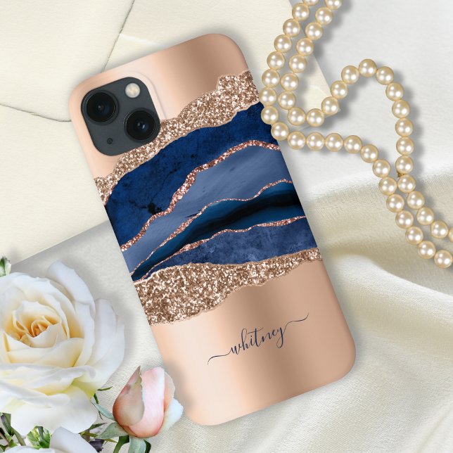 Modern Indigo-Blue Marmor Agate Rose Gold Glitzer Case-Mate iPhone Hülle (Von Creator hochgeladen)