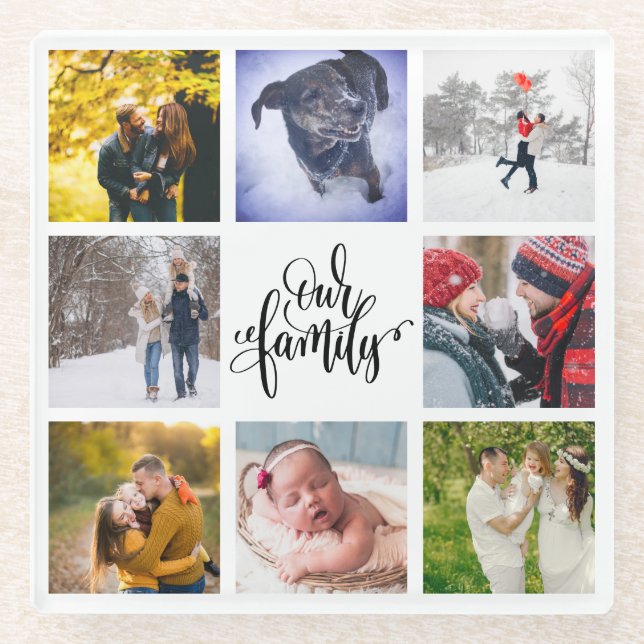 Modern Instagram Foto Collage unsere Familie weiß Glasuntersetzer (Vorderseite)
