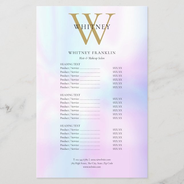 Modern Iridescent Monogram Salon Service Menu Flyer (Vorne)