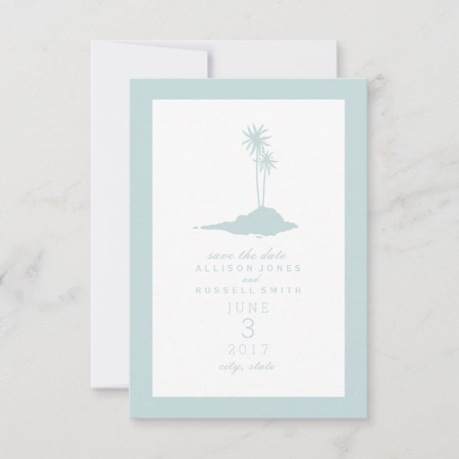 Modern Island Beach Wedding Save the Date - Blue (Vorderseite)