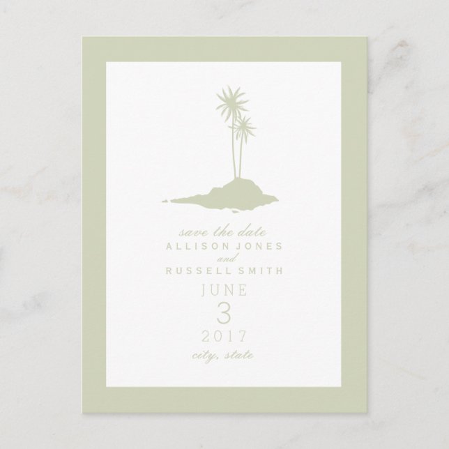 Modern Island Beach Wedding Save the Date - Green Ankündigungspostkarte (Vorderseite)