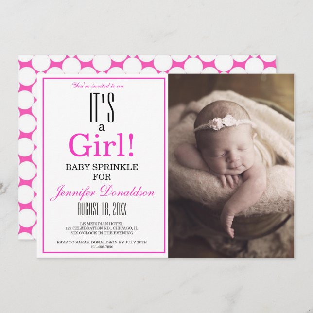 Modern ist es ein Mädchen! Pink Foto Baby Sprinkle Einladung (Vorne/Hinten)