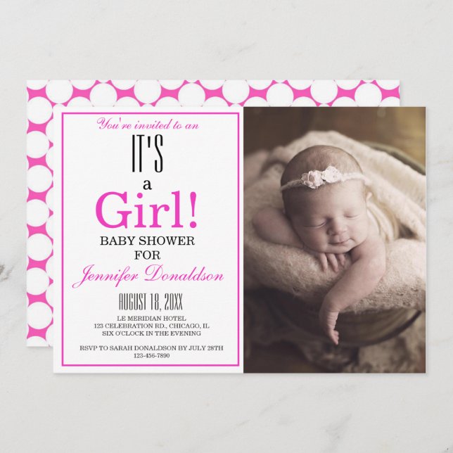 Modern ist es ein Mädchen! Rosa Foto Babydusche Einladung (Vorne/Hinten)