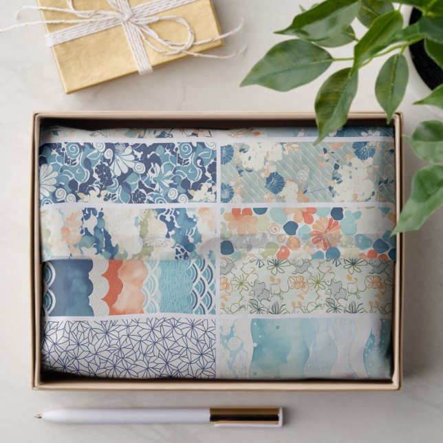 Modern Japanese Indigo Pattern Collage Sampler Seidenpapier (Von Creator hochgeladen)