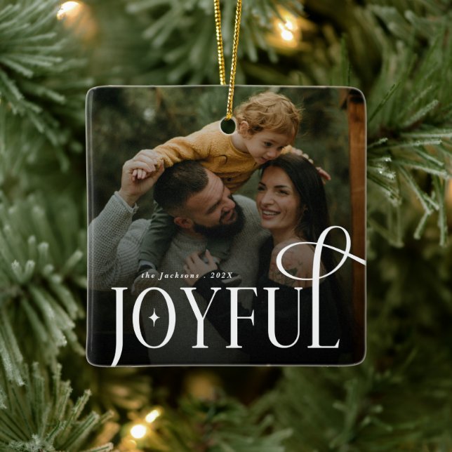 Modern Joyful Family 2 Photo Christmas  Keramikornament (Baum)