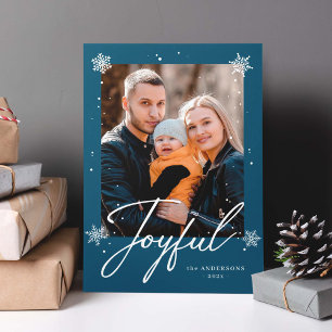Modern Joyful Script Blue Winter Snowflakes Photo Feiertagskarte