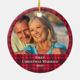 Modern Kariert Keepake Erste Weihnachten Verheirat Keramik Ornament