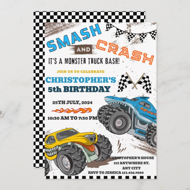 Modern Kids Monster Trucks Geburtstag Einladung (Vorne/Hinten)