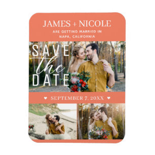 Modern Lachs Pink Save the Date Hochzeit 3 Fotos Magnet