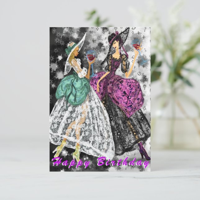 Modern Ladys Drinks Wine Happy Birthday Card (Stehend Vorderseite)