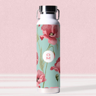 Modern Large Pink Poppy Wildblume Monogram Trinkflasche