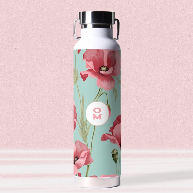 Modern Large Pink Poppy Wildblume Monogram Trinkflasche (Modern Large Pink Poppy Wildflower Monogram Water Bottle ©Susanne Sachers - Sunny Mind Design 🌞)
